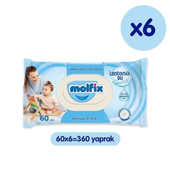 Molfix İzotonik Sulu Islak Mendil Hassas Ciltler 60'li x 6 Adet (360 Yaprak)