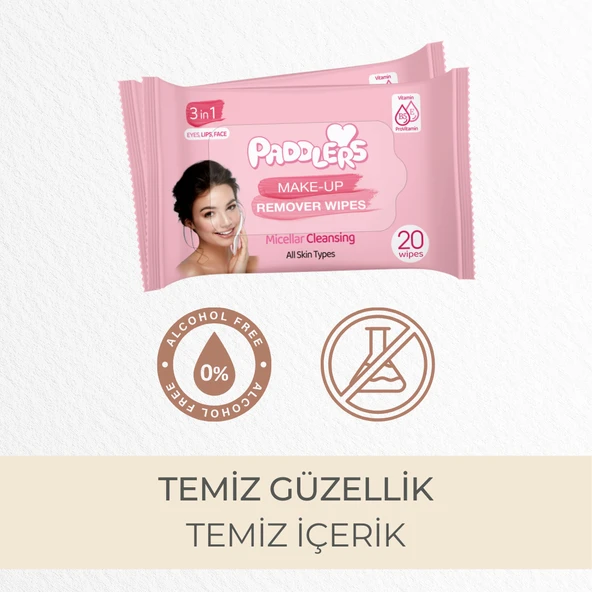 Paddlers 3'ü 1 Arada Makyaj Temizleme Mendili 3x20 (60 Yaprak) - Resim 4