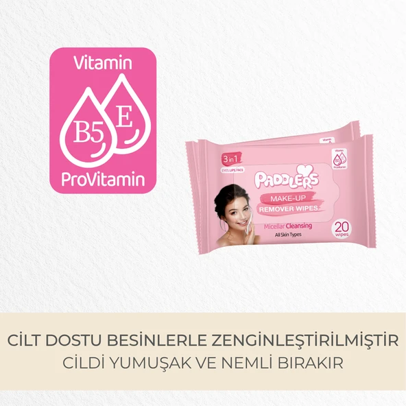 Paddlers 3'ü 1 Arada Makyaj Temizleme Mendili 3x20 (60 Yaprak) - Resim 3