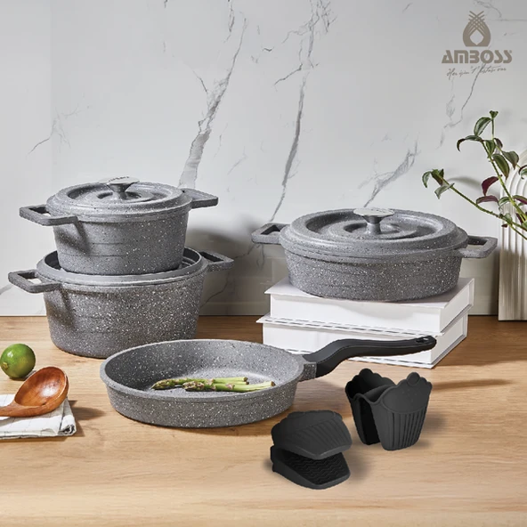 Amboss 7 Parça Copper Döküm Tencere Seti (Gri)