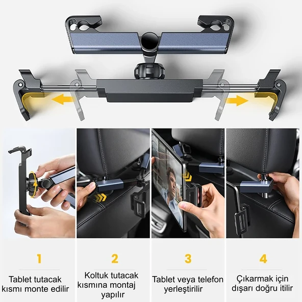 HyMark Araba Kafalık 12.9 İnç Araç Arka Koltuk Evrensel Tablet ve Telefon Tutucu 360° Dönebilir - 5