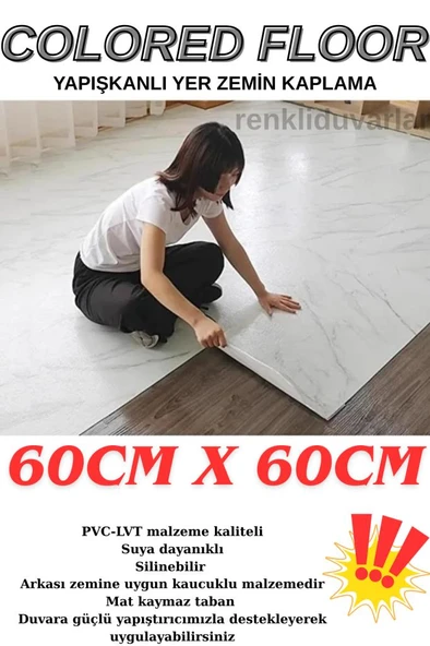 Renkli Duvarlar Kendinden Yapışkanlı Yer Zemin ve Duvar Kaplama Paneli Arkası Kauçuklu 60X60cm Floor Pvc Panel 6216 - 1