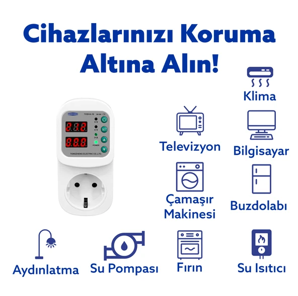 Tomzn Ayarlanabilir Voltaj ve Akım Korumalı Priz - 16A - Yüksek Gerilim Koruma - Elektrik Bekçisi - Resim 3