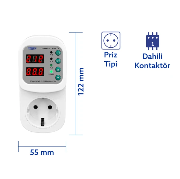 Tomzn Ayarlanabilir Voltaj ve Akım Korumalı Priz - 16A - Yüksek Gerilim Koruma - Elektrik Bekçisi - Resim 2