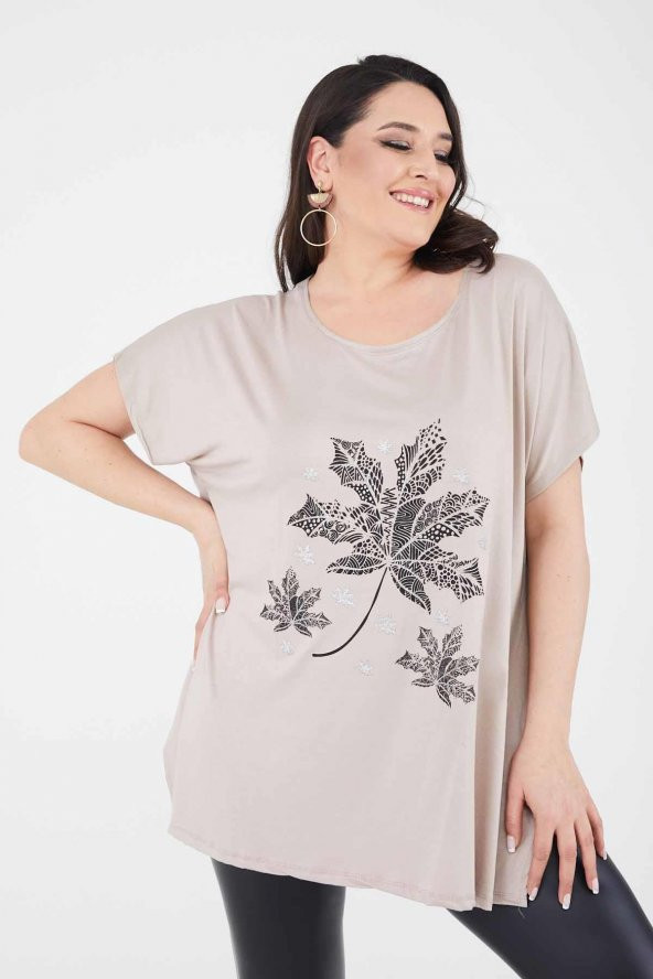 Büyük Beden Bej Salaş Simli Bol T-shirt - 1