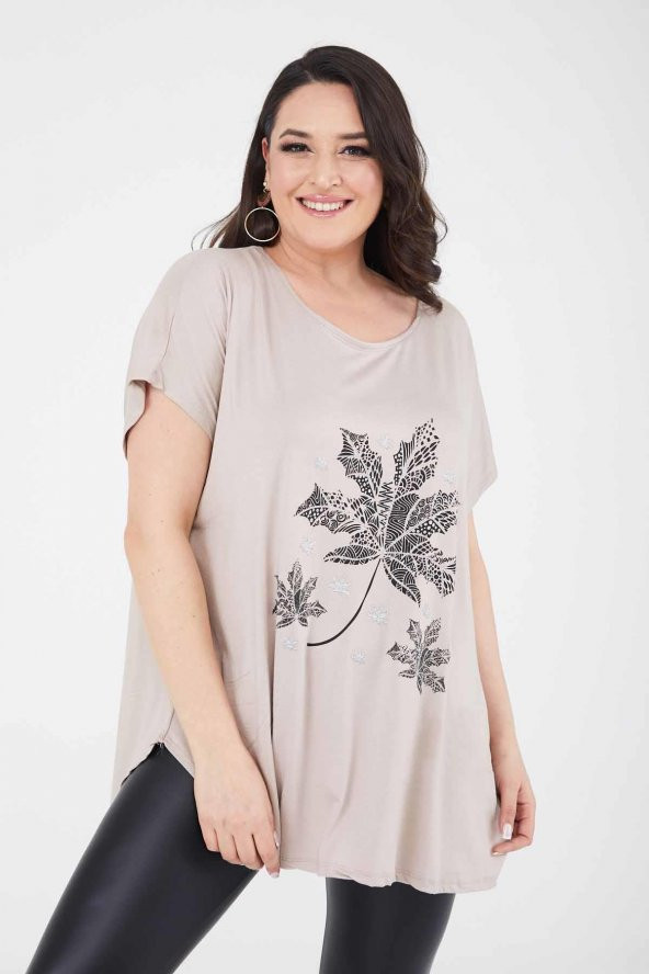 Büyük Beden Bej Salaş Simli Bol T-shirt - 2