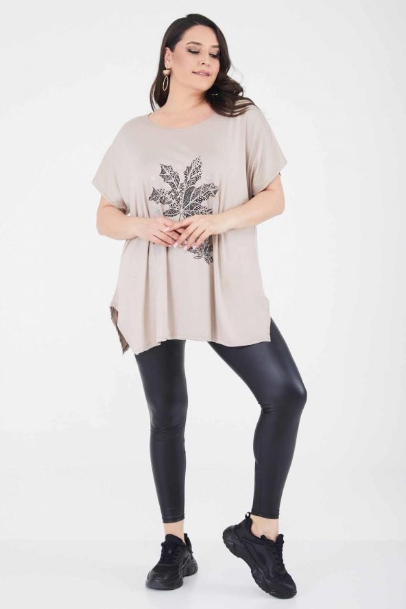 Büyük Beden Bej Salaş Simli Bol T-shirt - 4
