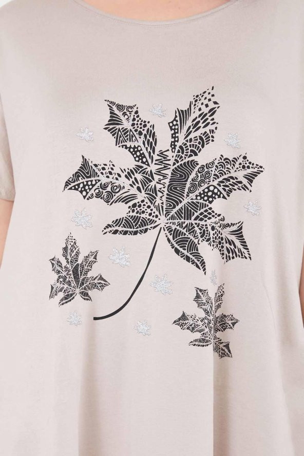 Büyük Beden Bej Salaş Simli Bol T-shirt - 5