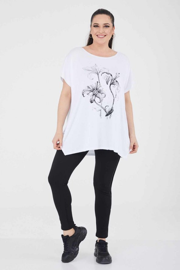 Büyük Beden Beyaz Salaş Baskılı Penye T-shirt - 4
