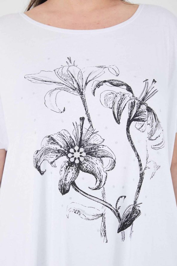 Büyük Beden Beyaz Salaş Baskılı Penye T-shirt - 5