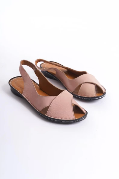 Kadın Hakiki Deri Düz Sandalet Önü Açık Çapraz Bantlı Bilekte Günlük Rahat Topuksuz Sandalet - Resim 4