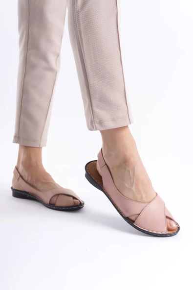 Kadın Hakiki Deri Düz Sandalet Önü Açık Çapraz Bantlı Bilekte Günlük Rahat Topuksuz Sandalet - Resim 2