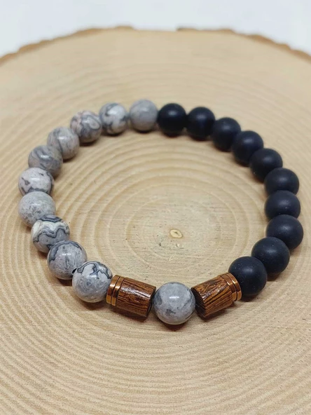 Gri Jasper & Oniks Taşı 8mm Unisex Tasarım Bileklik Hawaii Model (9808) - Resim 6
