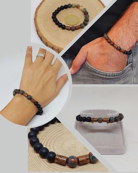 Kan Taşı & Oniks Taşı 8mm Unisex Tasarım Bileklik Hawaii Model (2929) ürün görseli