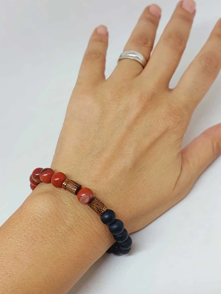 Kırmızı Alacalı Jasper & Oniks Taşı 8mm Unisex Tasarım Bileklik Hawaii Model (14240) - Resim 4