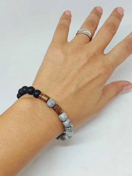Gri Jasper & Oniks Taşı 8mm Unisex Tasarım Bileklik Hawaii Model (9808) - Resim 4