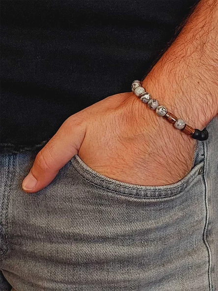 Gri Jasper & Oniks Taşı 8mm Unisex Tasarım Bileklik Hawaii Model (9808) - Resim 3