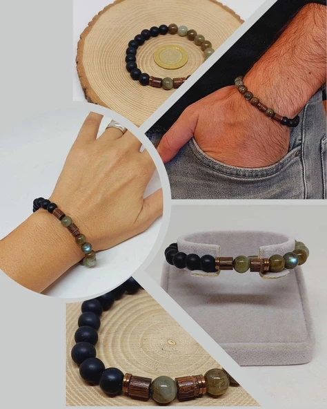 Labradorit & Oniks Taşı 8mm Unisex Tasarım Bileklik Hawaii Model (4695) ürün görseli