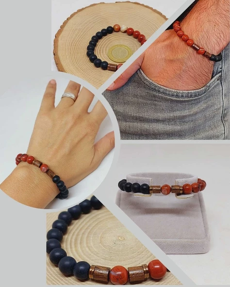 Kırmızı Alacalı Jasper & Oniks Taşı 8mm Unisex Tasarım Bileklik Hawaii Model (14240) ürün görseli