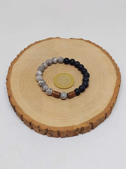 Gri Jasper & Oniks Taşı 8mm Unisex Tasarım Bileklik Hawaii Model (9808) - Resim 5
