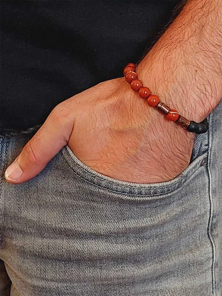 Kırmızı Alacalı Jasper & Oniks Taşı 8mm Unisex Tasarım Bileklik Hawaii Model (14240) - Resim 3
