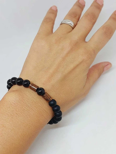 Siyah Akik & Oniks Taşı 8mm Unisex Tasarım Bileklik Hawaii Model (51330) - Resim 4