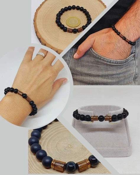 Siyah Akik & Oniks Taşı 8mm Unisex Tasarım Bileklik Hawaii Model (51330) ürün görseli