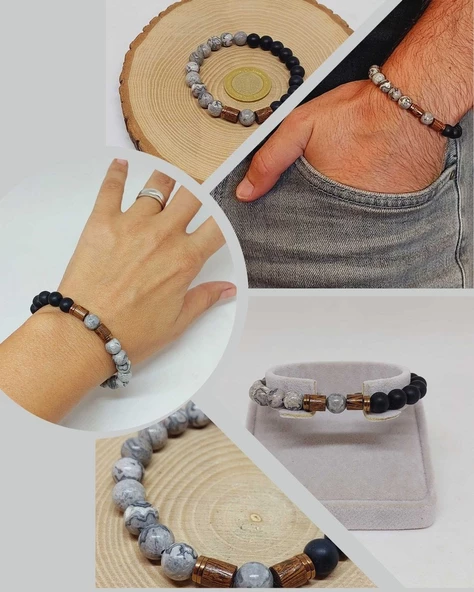 Gri Jasper & Oniks Taşı 8mm Unisex Tasarım Bileklik Hawaii Model (9808) ürün görseli