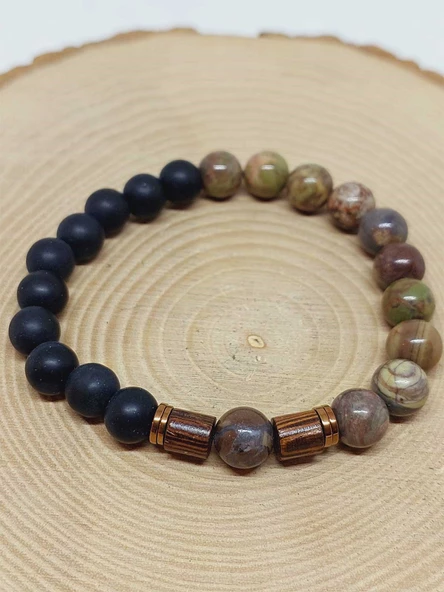 Jasper & Oniks Taşı 8mm Unisex Tasarım Bileklik Hawaii Model (43140) - 6