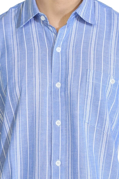 Büyük Beden Kısa Kol Şile Bezi Tek Cepli Erkek Yazlık Gömlek Mavi Beyaz Çizgili 3019 - Resim 3