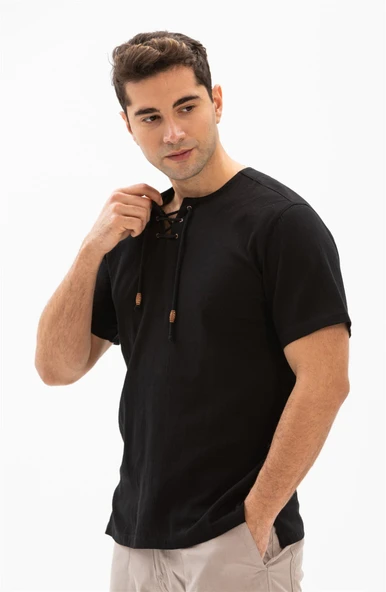 Büyük Beden Kısa Kol Şile Bezi Zımbalı Erkek Yazlık Tshirt Siyah 3003 - 3