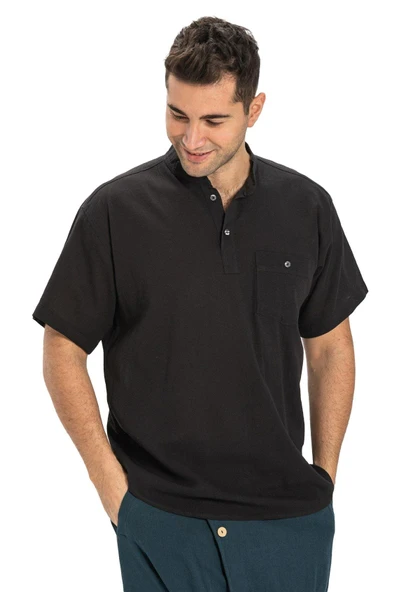 Büyük Beden Şile Bezi Kısa Kol Tek Cepli Hakim Yaka Erkek Yazlık Tshirt Siyah 3003 - 5