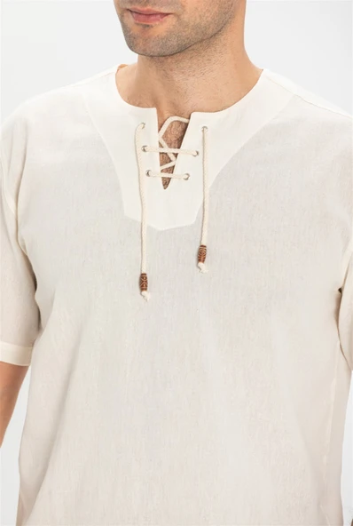 Büyük Beden Kısa Kol Şile Bezi Zımbalı Erkek Yazlık Tshirt Krem 3002 - Resim 3