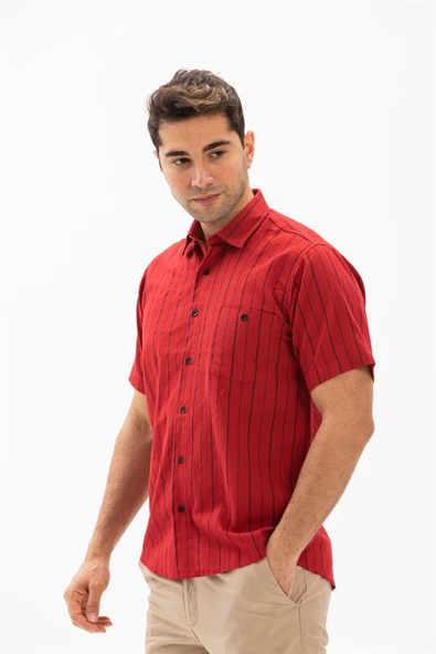 Büyük Beden Kısa Kol Şile Bezi Tek Cepli Erkek Yazlık Gömlek Kırmızı Siyah Çizgili 3005 - Resim 3