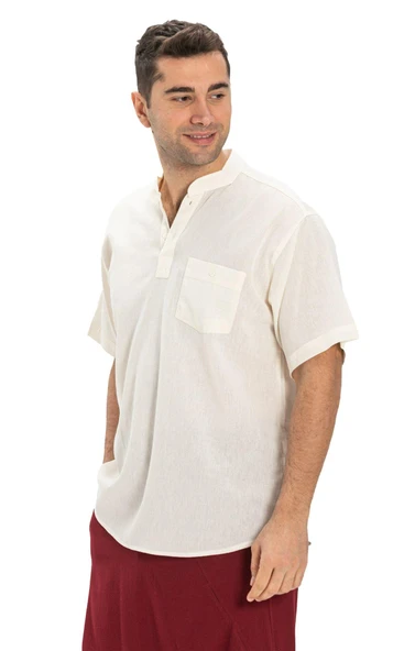 Büyük Beden Şile Bezi Kısa Kol Tek Cepli Hakim Yaka Erkek Yazlık Tshirt Krem 3002 - 6