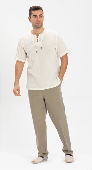 Büyük Beden Kısa Kol Şile Bezi Zımbalı Erkek Yazlık Tshirt Krem 3002 - Resim 4