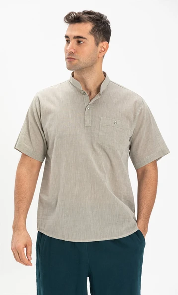 Büyük Beden Şile Bezi Kısa Kol Tek Cepli Hakim Yaka Erkek Yazlık Tshirt Taş 3031