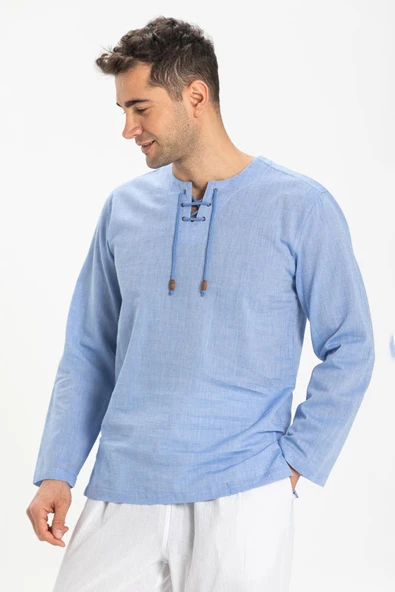 Büyük Beden Şile Bezi Uzun Kol Zımbalı Erkek Yazlık Tshirt Mavi 3032 - 1