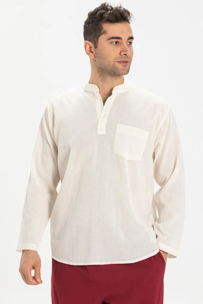 Büyük Beden Şile Bezi Uzun Kol Tek Cepli Hakim Yaka Erkek Yazlık Tshirt Krem 3002 - 3