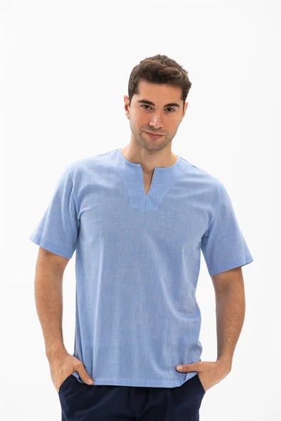 Büyük Beden Kısa Kol Şile Bezi Bisiklet Yaka Erkek Yazlık Tshirt Mavi 3032 - 1