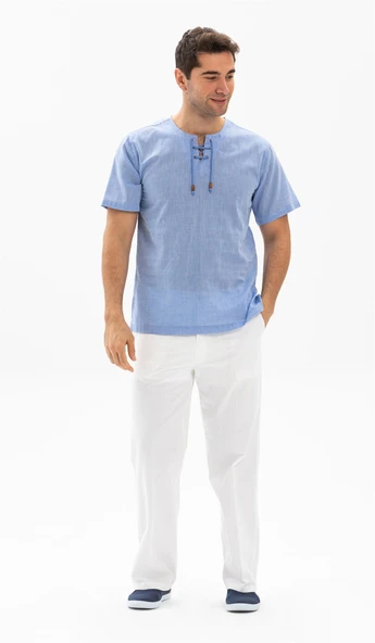 Büyük Beden Kısa Kol Şile Bezi Zımbalı Erkek Yazlık Tshirt Mavi 3032 - 4