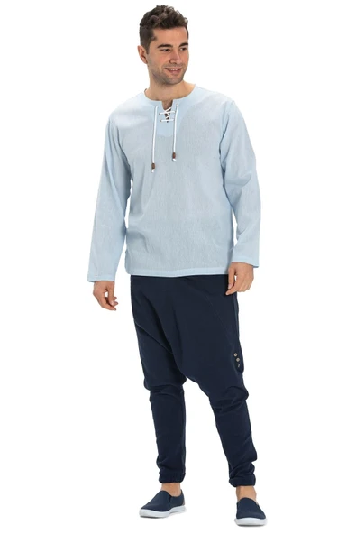 Büyük Beden Şile Bezi Uzun Kol Zımbalı Erkek Yazlık Tshirt Buz Mavi 3027 - Resim 6