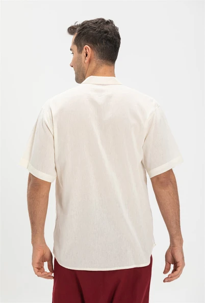 Büyük Beden Şile Bezi Kısa Kol Tek Cepli Hakim Yaka Erkek Yazlık Tshirt Krem 3002 - 2