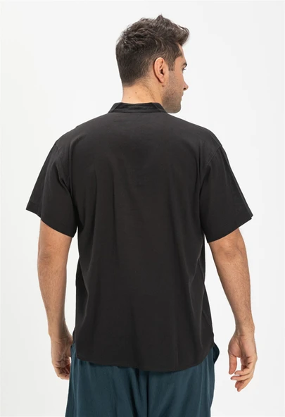 Büyük Beden Şile Bezi Kısa Kol Tek Cepli Hakim Yaka Erkek Yazlık Tshirt Siyah 3003 - 2