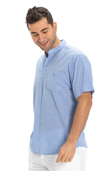 Büyük Beden Şile Bezi Kısa Kol Tek Cepli Hakim Yaka Erkek Yazlık Tshirt Mavi 3032 - Resim 5