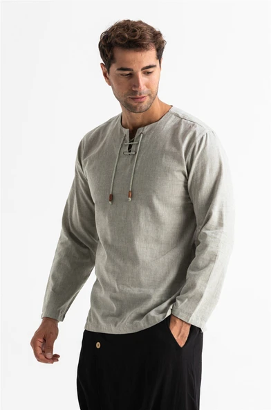 Büyük Beden Şile Bezi Uzun Kol Zımbalı Erkek Yazlık Tshirt Taş 3031 - 4