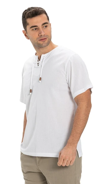 Büyük Beden Kısa Kol Şile Bezi Zımbalı Erkek Yazlık Tshirt Beyaz 3001 - Resim 5