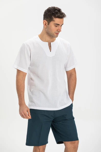 Büyük Beden Kısa Kol Şile Bezi Bisiklet Yaka Erkek Yazlık Tshirt Beyaz 3001