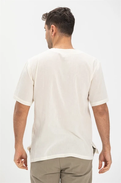 Büyük Beden Kısa Kol Şile Bezi Zımbalı Erkek Yazlık Tshirt Krem 3002 - Resim 2