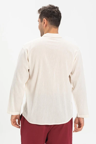 Büyük Beden Şile Bezi Uzun Kol Tek Cepli Hakim Yaka Erkek Yazlık Tshirt Krem 3002 - 2
